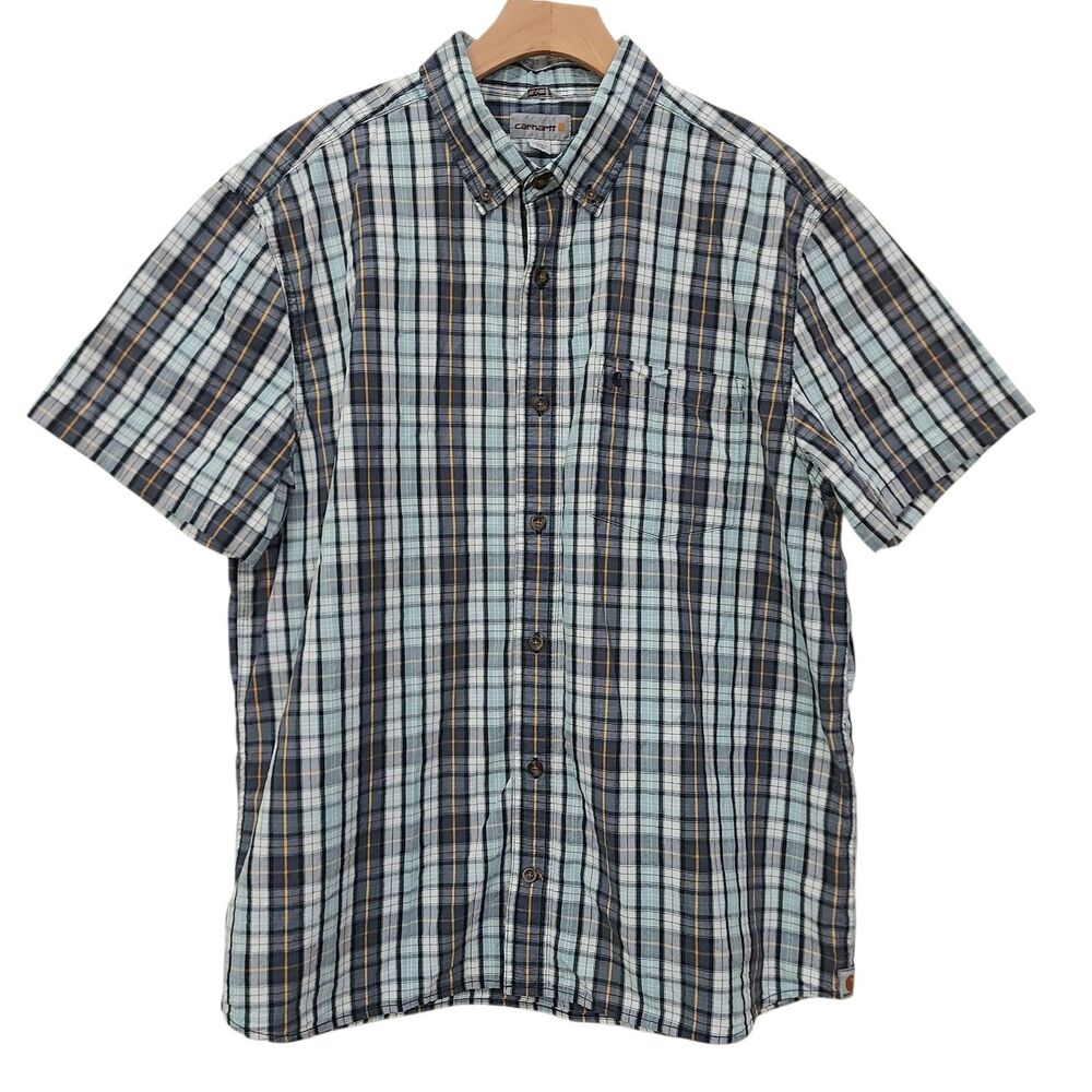Carhartt Shirt Mens XL Blue Plaid Relaxed Fit Short Sleeve Cotton Work Casual